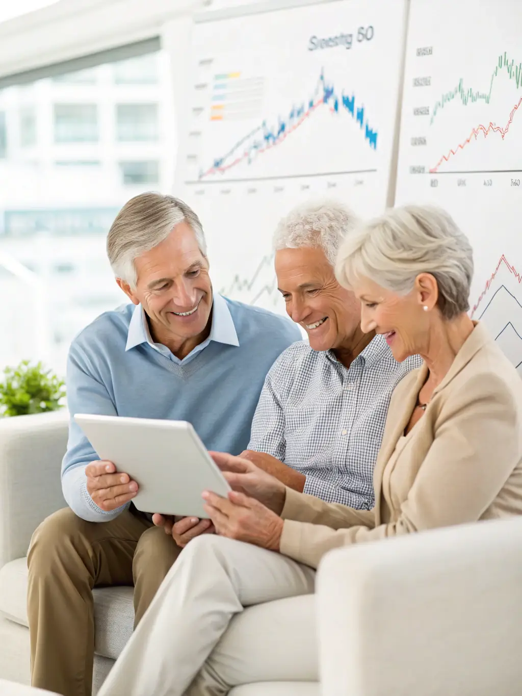 An elderly couple happily reviewing their retirement savings plan with a financial advisor, representing Retirement Planning.