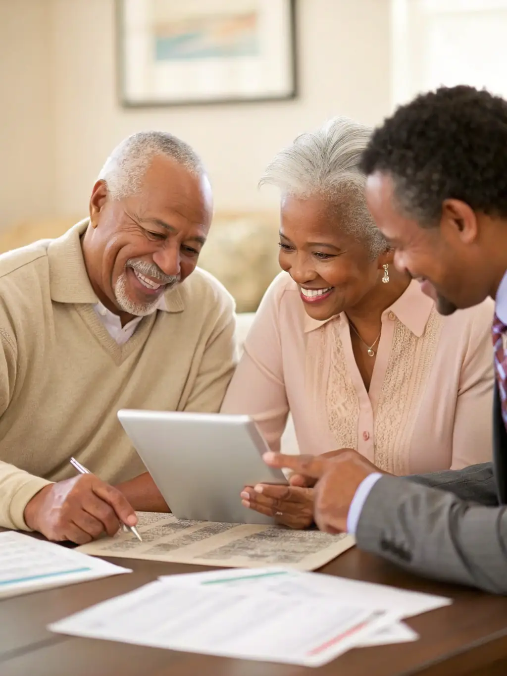 An elderly couple happily reviewing their retirement savings plan with a financial advisor, representing Retirement Planning.