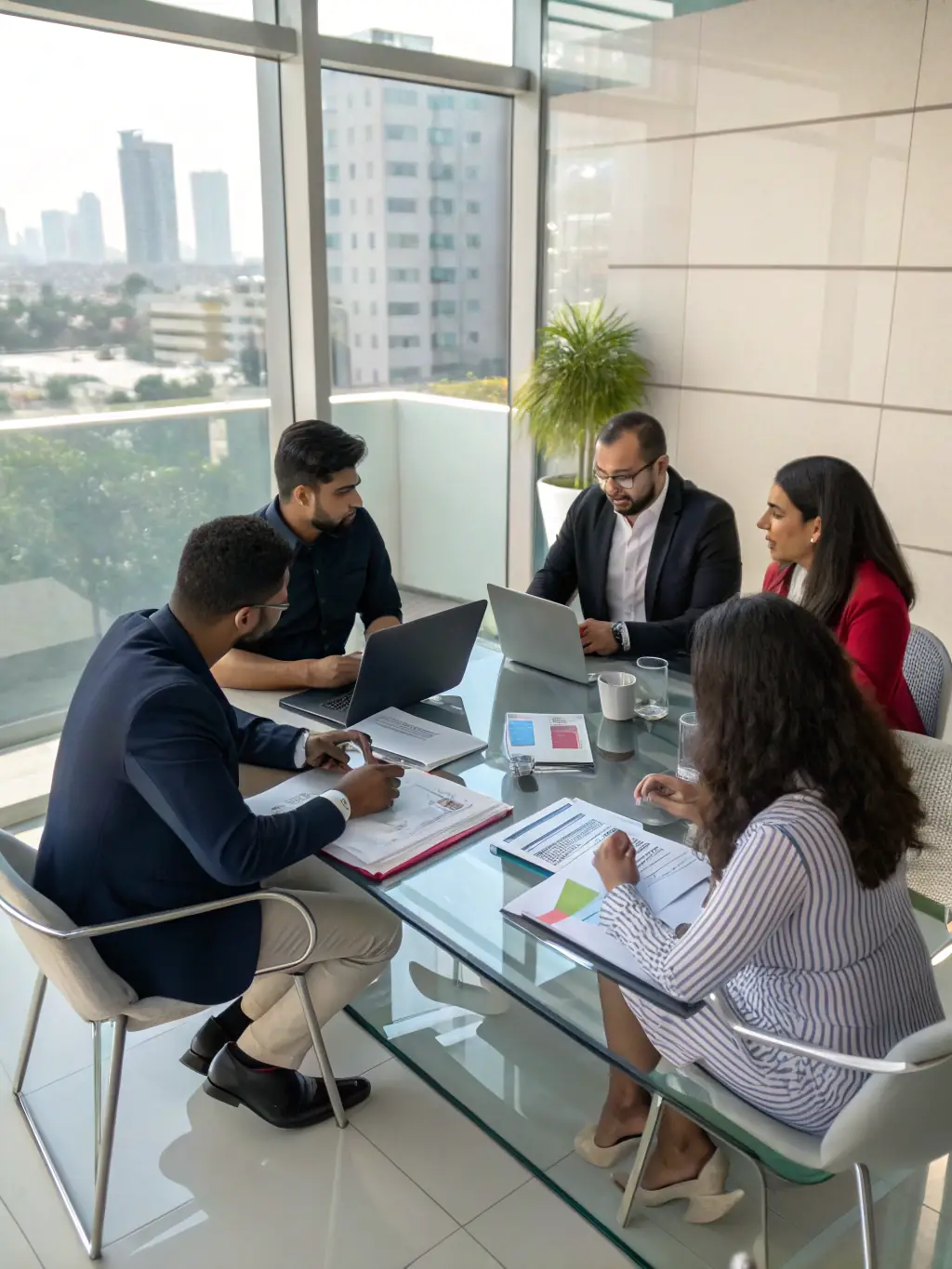 A diverse team of financial consultants collaborating on a wealth management strategy in a modern office environment, showcasing the firm's expertise.