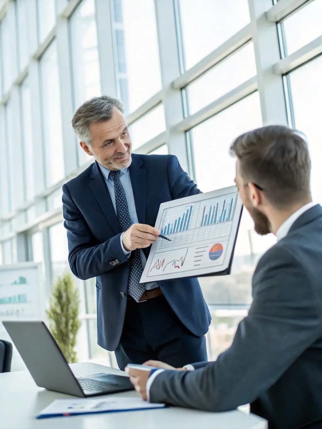 An image of a financial advisor discussing investment charts with a client in a modern office setting, representing Investment Strategy Planning.