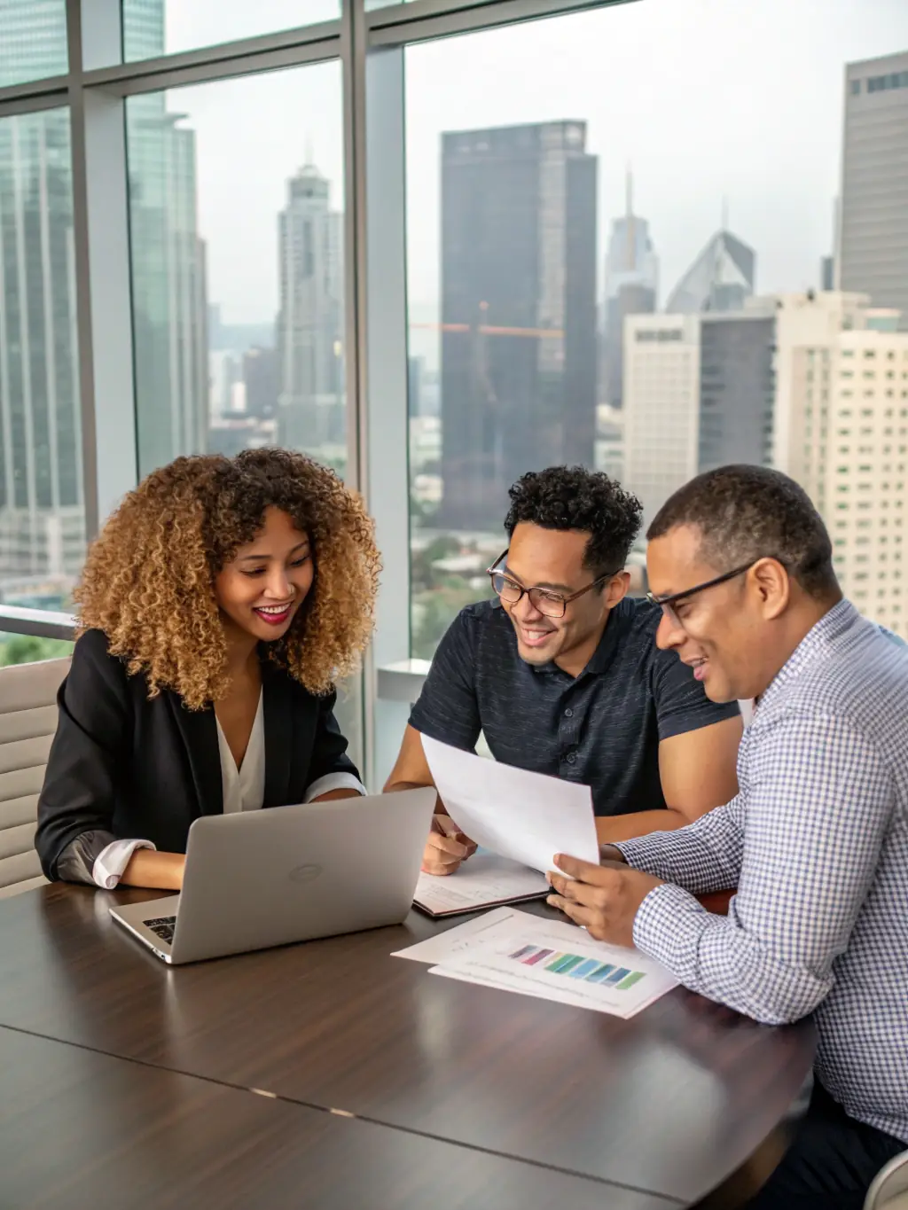 A diverse group of South African investors analyzing market trends and discussing investment opportunities in a modern office.