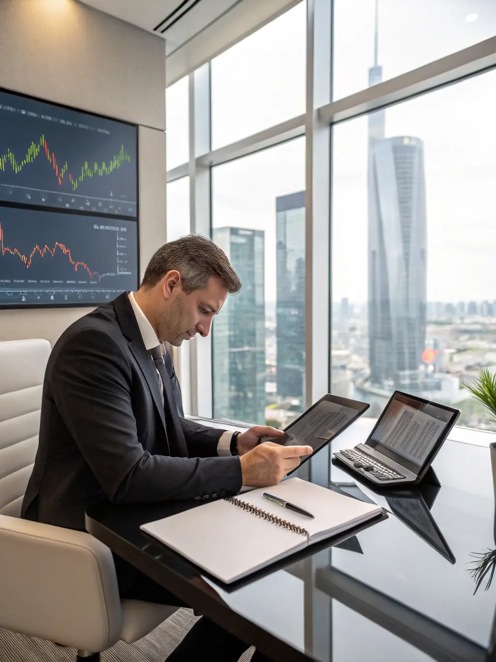 A professional financial advisor reviewing a client's wealth plan with digital tablets and financial documents, representing Wealth Management.