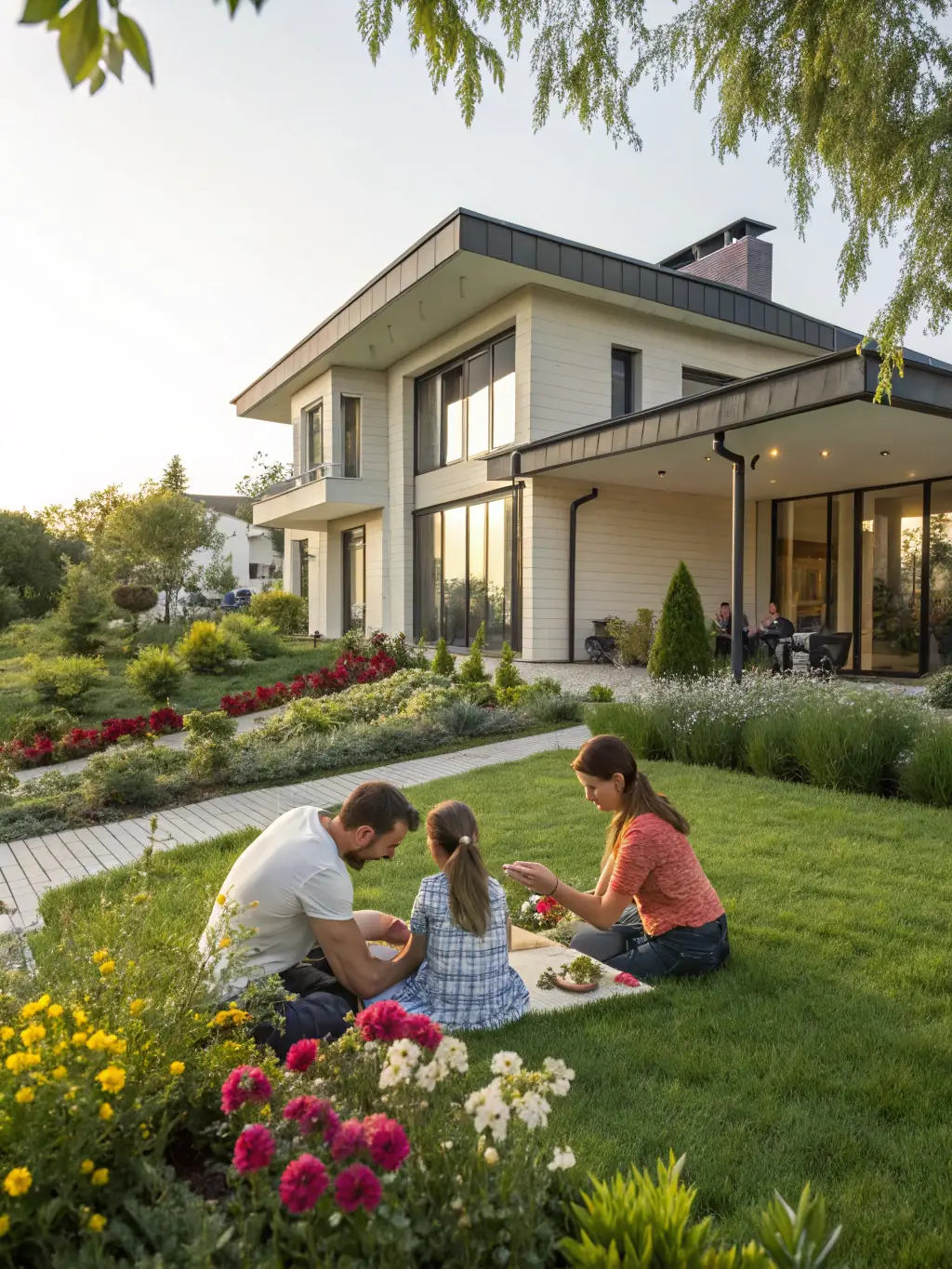 An elegant South African family enjoying a sunset view from their modern home, symbolizing the security and growth achieved through wealth management.